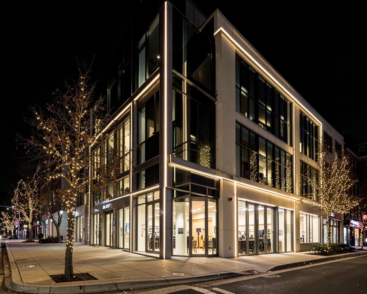 Commercial building outlined in warm white architectural lighting