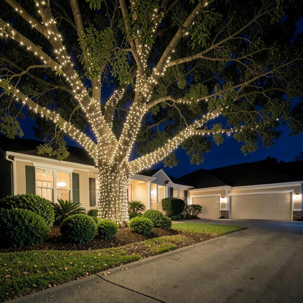 Mature front yard trees wrapped in warm white string lights